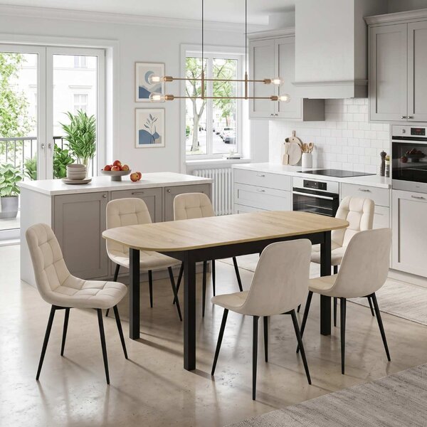 Set Masă Extensibilă Carla Stejar 134–174 × 80 cm cu 6 Scaune Gya Crem, Tapițate, Picioare Metalice Negre