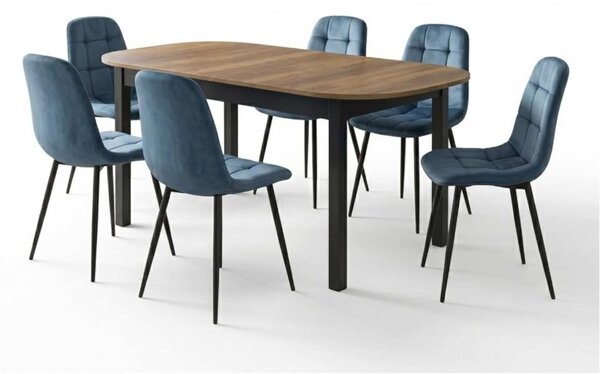 Set Masă Extensibilă Carla Nuc 134–174 × 80 cm cu 6 Scaune Gya Turcoaz, Tapițate, Picioare Metalice Negre