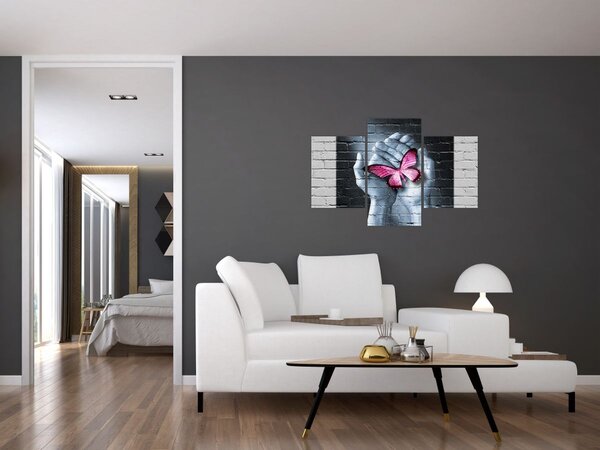 Tablou - Fluture roz în perete (90x60 cm)