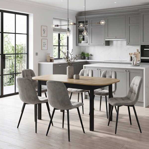 Set Masă Extensibilă Carla Stejar 134–174 × 80 cm cu 6 Scaune Gya Gri, Tapițate, Picioare Metalice Negre