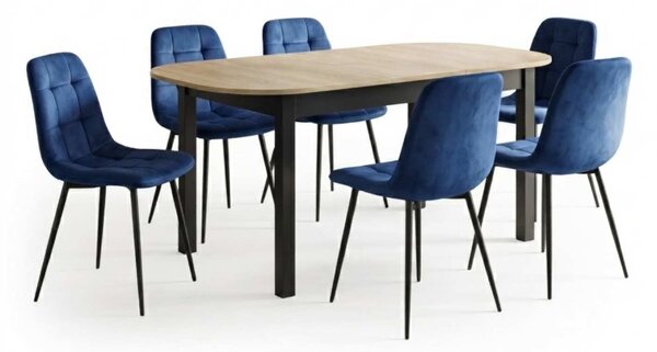 Set Masă Extensibilă Carla Stejar 134–174 × 80 cm cu 6 Scaune Gya Albastre, Tapițate, Picioare Metalice Negre