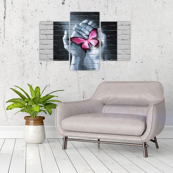 Tablou - Fluture roz în perete (90x60 cm)