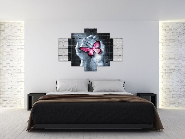 Tablou - Fluture roz în perete (150x105 cm)