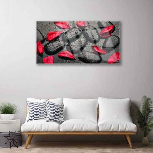 Tablou pe sticla Petale Stones Art Red Gray