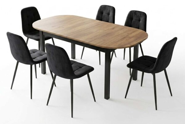 Set Masă Extensibilă Carla Nuc 134–174 × 80 cm cu 6 Scaune Gya Negre, Tapițate, Picioare Metalice Negre