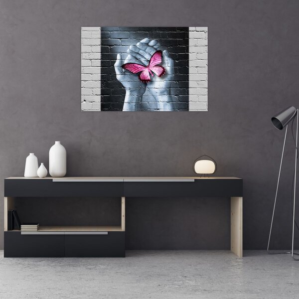 Tablou - Fluture roz în perete (90x60 cm)