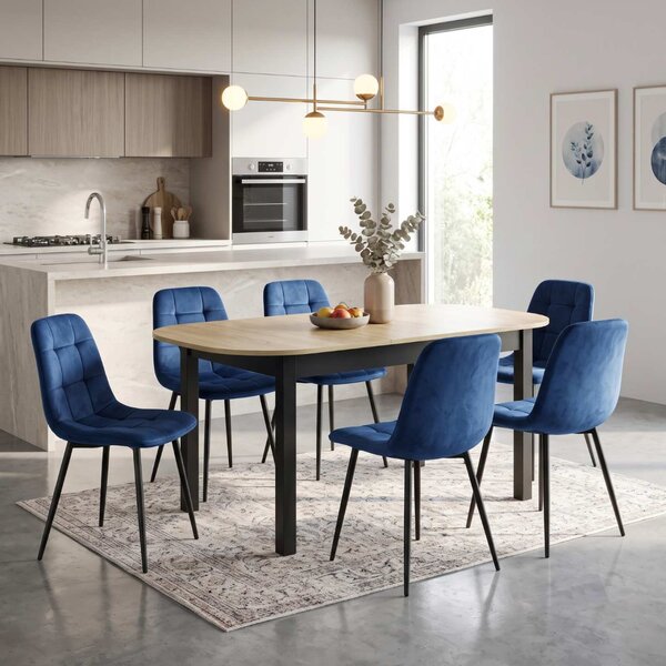Set Masă Extensibilă Carla Stejar 134–174 × 80 cm cu 6 Scaune Gya Albastre, Tapițate, Picioare Metalice Negre