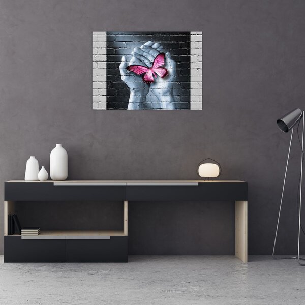Tablou - Fluture roz în perete (70x50 cm)