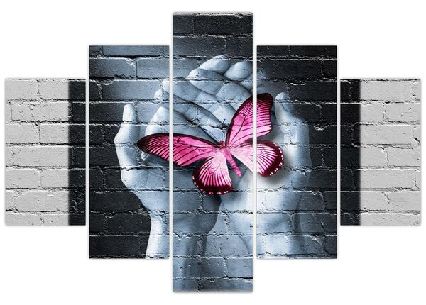 Tablou - Fluture roz în perete (150x105 cm)