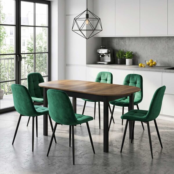 Set Masă Extensibilă Carla Nuc 134–174 × 80 cm cu 6 Scaune Gya Verde, Tapițate, Picioare Metalice Negre