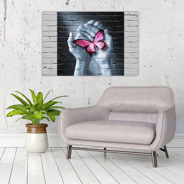 Tablou - Fluture roz în perete (90x60 cm)