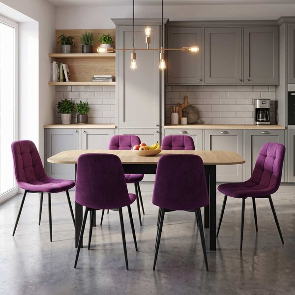 Set Masă Extensibilă Carla Stejar 134–174 × 80 cm cu 6 Scaune Gya Mov, Tapițate, Picioare Metalice Negre