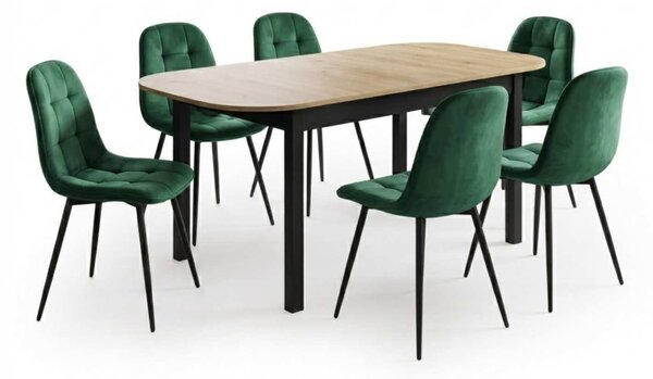 Set Masă Extensibilă Carla Stejar 134–174 × 80 cm cu 6 Scaune Gya Verde, Tapițate, Picioare Metalice Negre