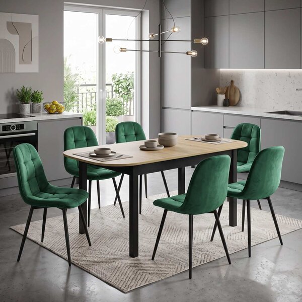 Set Masă Extensibilă Carla Stejar 134–174 × 80 cm cu 6 Scaune Gya Verde, Tapițate, Picioare Metalice Negre