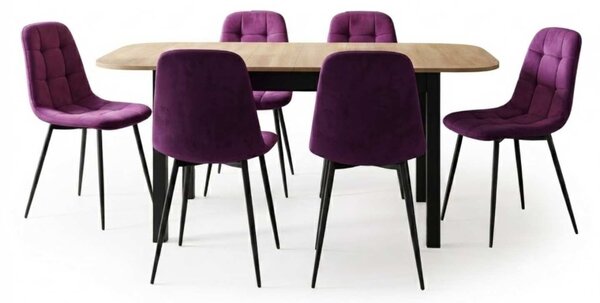 Set Masă Extensibilă Carla Stejar 134–174 × 80 cm cu 6 Scaune Gya Mov, Tapițate, Picioare Metalice Negre