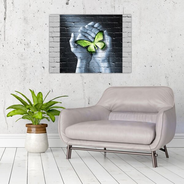 Tablou - Fluture verde în perete (70x50 cm)