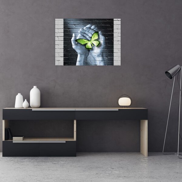 Tablou - Fluture verde în perete (70x50 cm)