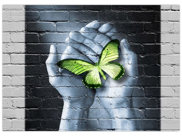 Tablou - Fluture verde în perete (70x50 cm)