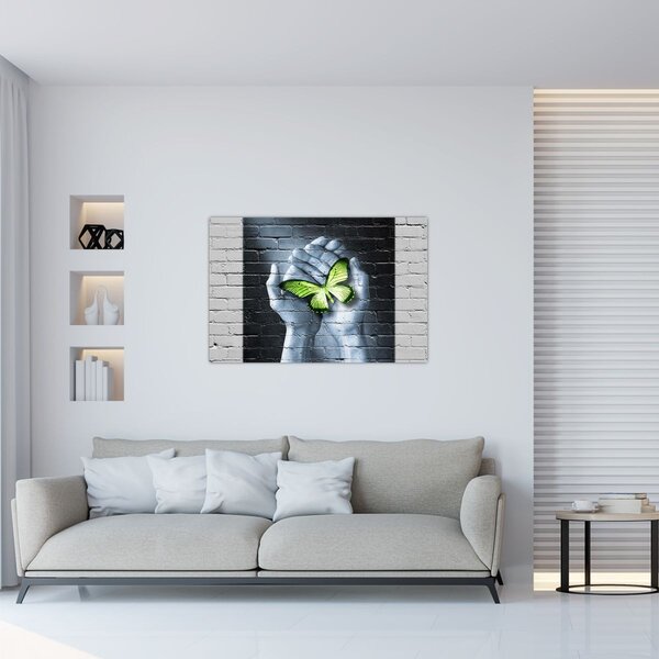 Tablou - Fluture verde în perete (90x60 cm)