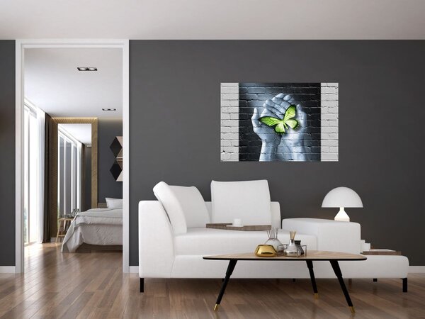 Tablou - Fluture verde în perete (90x60 cm)