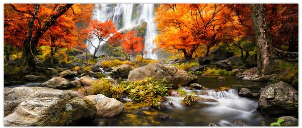 Tablou - Cascade în peisaj de toamnă, portocaliu (120x50 cm)