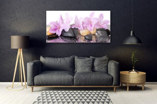 Tablou pe sticla Pietrele florale flori roz negru