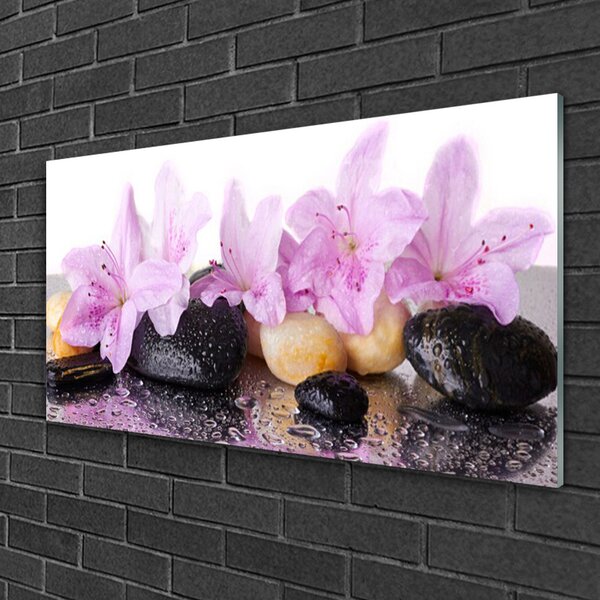 Tablou pe sticla Pietrele florale flori roz negru