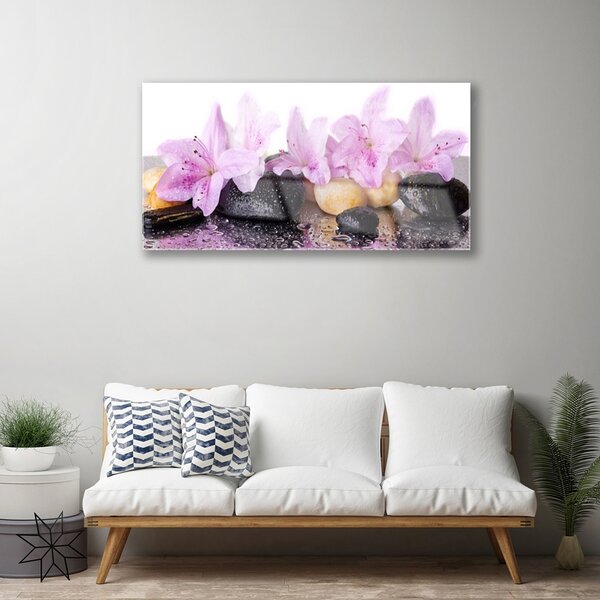 Tablou pe sticla Pietrele florale flori roz negru