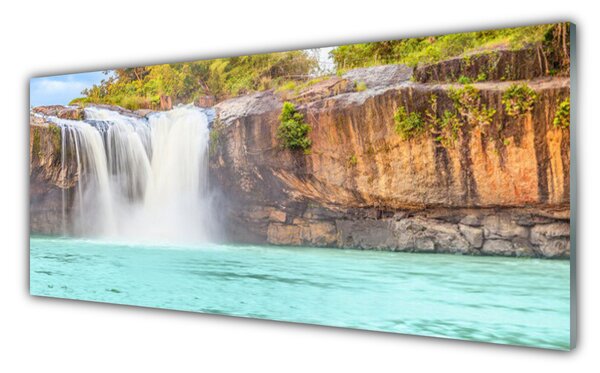 Tablou pe sticla Cascada Lacul Peisaj Albastru Alb Brun Verde