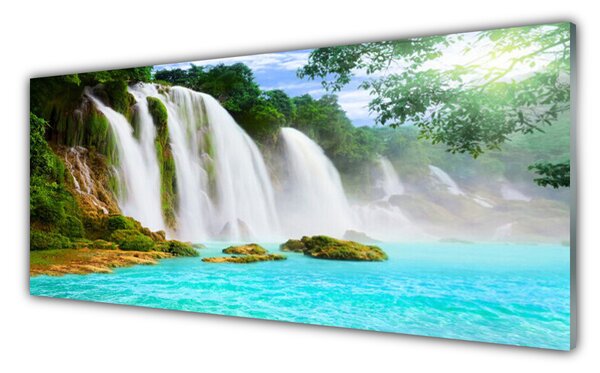 Panou sticla bucatarie Cascada Lacul Albastru Natura Alb Brun Verde