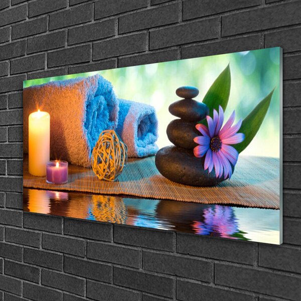 Tablou pe sticla Lumânări flori Stones Art Galben Negru Violet Gri