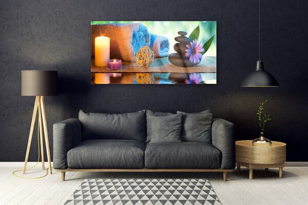 Tablou pe sticla Lumânări flori Stones Art Galben Negru Violet Gri