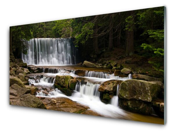 Tablouri acrilice Cascada Pădure Natura Alb Gri Maro Verde