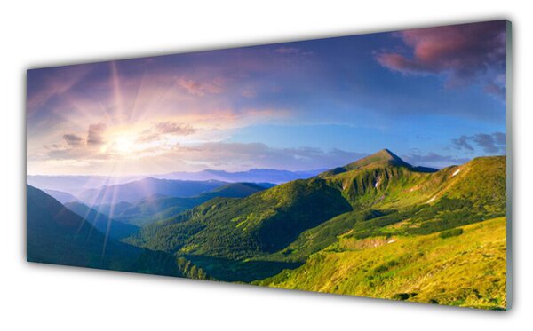 Panou sticla bucatarie Mountain Meadow Soare Peisaj Galben Gri Verde Violet