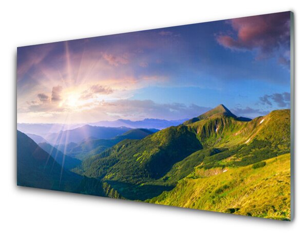 Panou sticla bucatarie Mountain Meadow Soare Peisaj Galben Gri Verde Violet