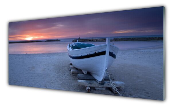 Tablou pe sticla Barca Sea Sun Beach Peisaj Alb Negru Galben Gri
