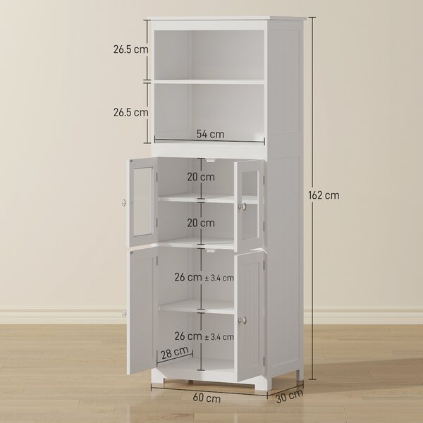 HOMCOM Dulap Camara Bucătărie, 2 Rafturi Deschise, 2 Dulapuri cu Uși, MDF și Sticlă Securizată, 60x30x162 cm, Alb | Aosom Romania