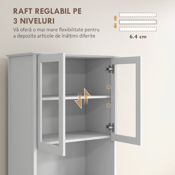HOMCOM Bufet cu Cabină, Dulap de Bucătărie Independent cu Uși de Sticlă, 3 Sertare și Raft Reglabil, 68x38x172 cm, Alb | Aosom Romania