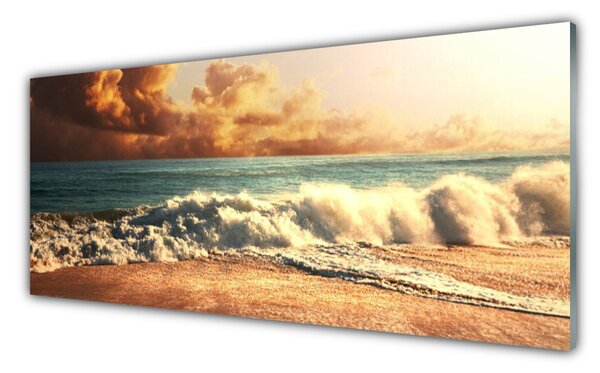 Tablou pe sticla Ocean Beach Peisaj Alb Albastru Galben Maro