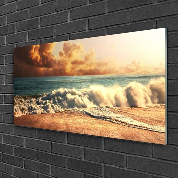 Tablou pe sticla Ocean Beach Peisaj Alb Albastru Galben Maro
