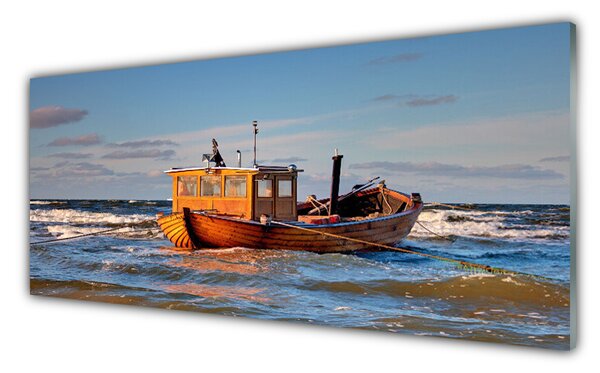 Tablou pe sticla Barca Marea Peisaj Galben Verde Albastru