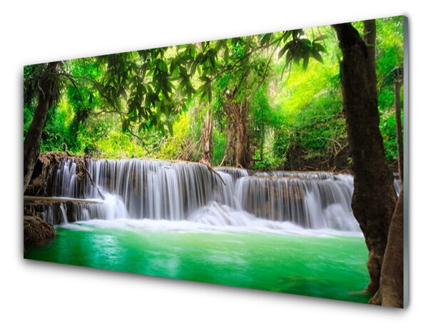 Tablou pe sticla Cascada Lake Forest Natura Albastru Gri Verde Maro