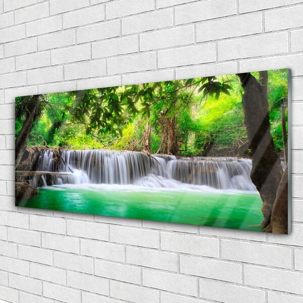 Tablou pe sticla Cascada Lake Forest Natura Albastru Gri Verde Maro
