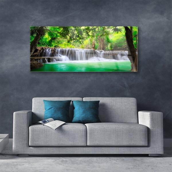 Tablou pe sticla Cascada Lake Forest Natura Albastru Gri Verde Maro