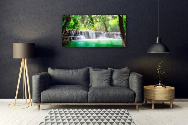 Tablou pe sticla Cascada Lake Forest Natura Albastru Gri Verde Maro