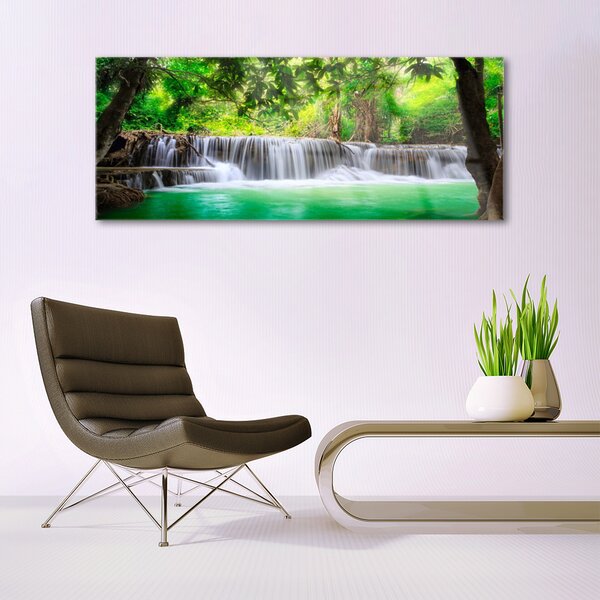 Tablou pe sticla Cascada Lake Forest Natura Albastru Gri Verde Maro