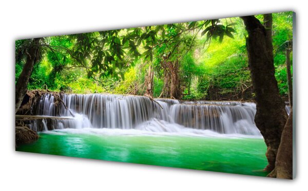 Tablou pe sticla Cascada Lake Forest Natura Albastru Gri Verde Maro