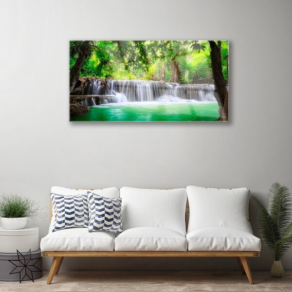 Tablou pe sticla Cascada Lake Forest Natura Albastru Gri Verde Maro