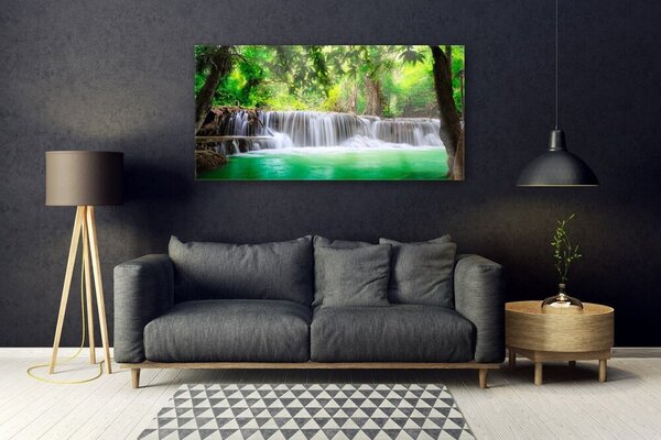 Tablou pe sticla Cascada Lake Forest Natura Albastru Gri Verde Maro