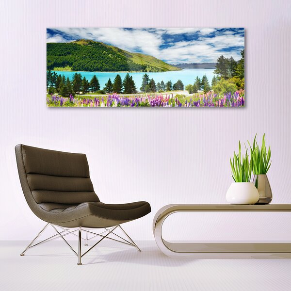 Tablou pe sticla Mountain Forest Meadow Lake Peisaj Verde Albastru Violet Roz